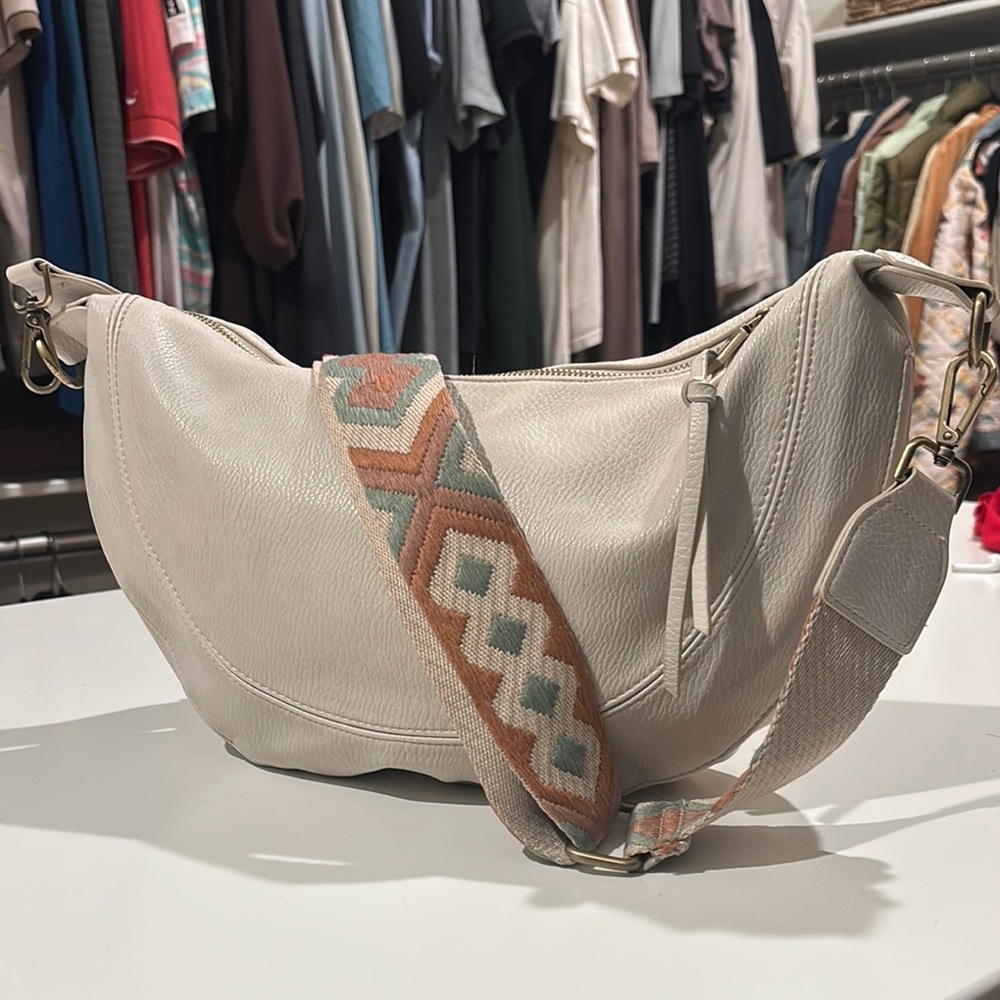 Stylish Cream Shoulder Bag with Patterned Strap
